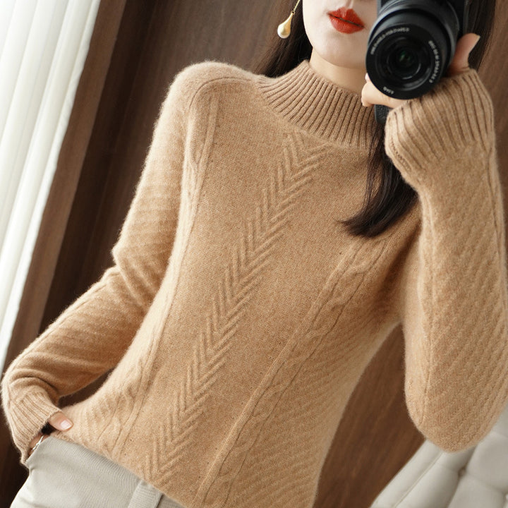 Damen Leichter Mohair‑Look Stehkragenpullover mit Zopf‑Ajour und taillierter Silhouette Drune