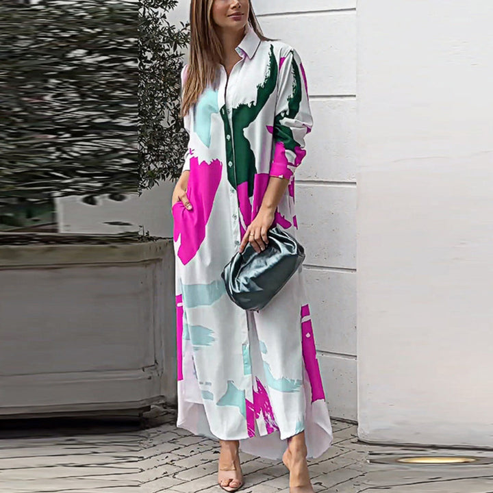 Damen Langes Hemdblusenkleid mit abstraktem Pinselprint und seitlichen Eingrifftaschen Drune