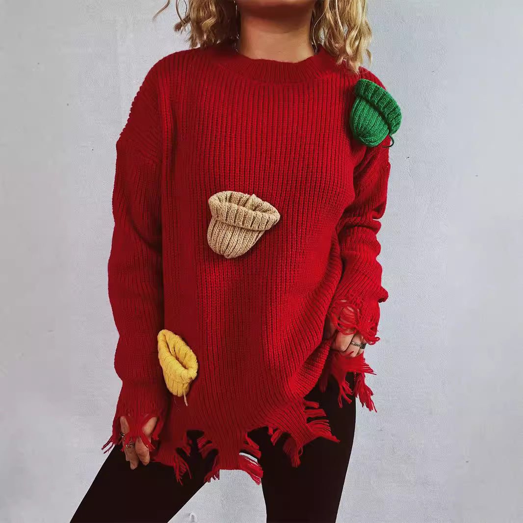 Damen lässiger Oversize-Pullover mit fransigen Details und bunten Applikationen Drune