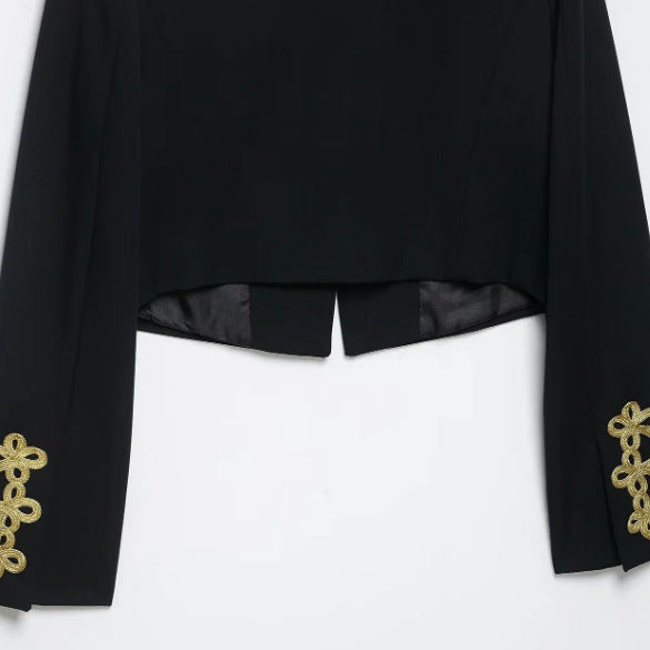 Damen Taillierter Cropped Militärblazer mit Stehkragen und goldverzierten Epauletten Drune