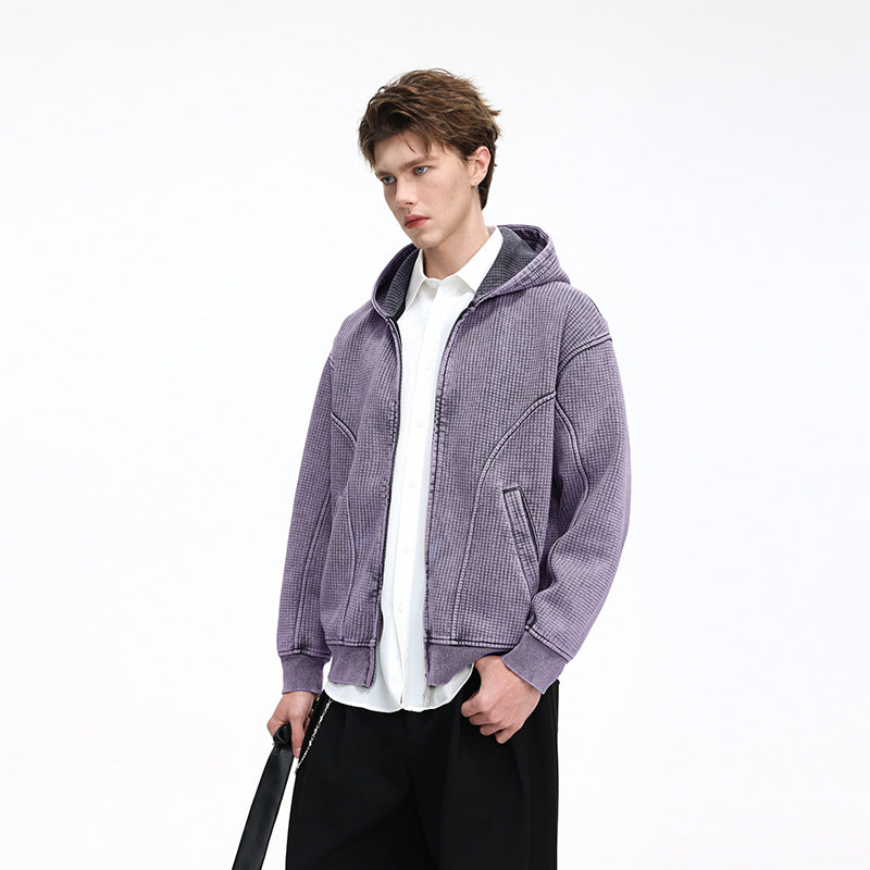 Herren Oversize-Waffelstruktur-Kapuzenjacke mit durchgehendem Reißverschluss Drune
