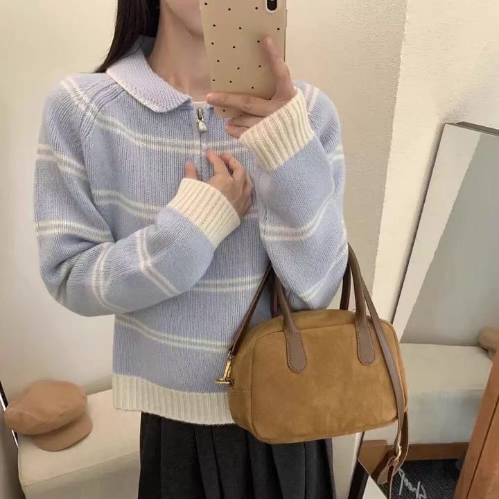 Damen Gemusterter Pullover mit Stehkragen und Kontrastdetails Drune