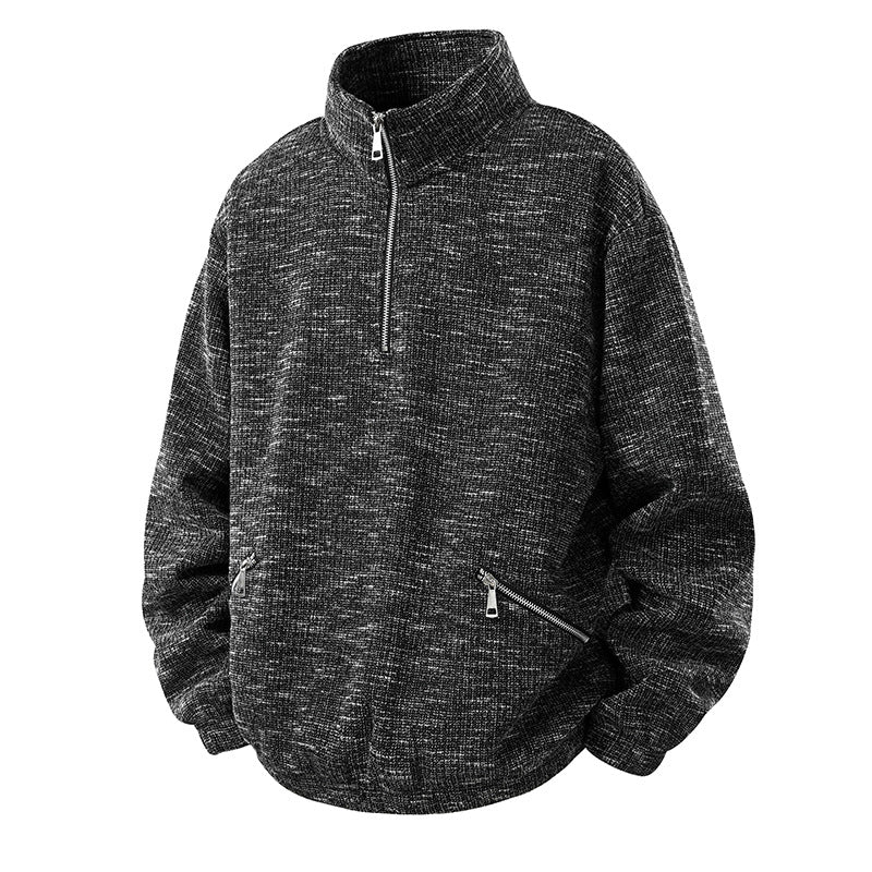Herren Oversize Strickoptik Half-Zip Pullover mit Stehkragen und Reißverschlusstaschen Drune