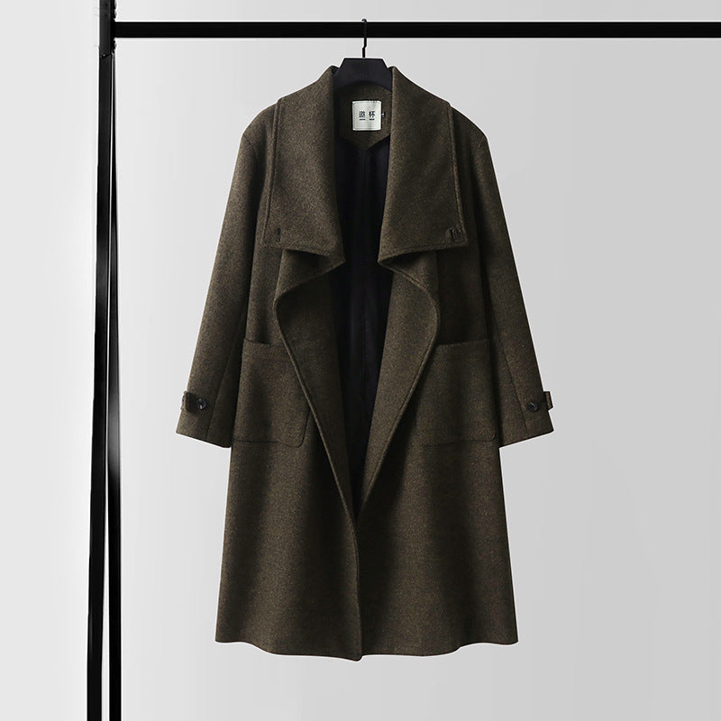 Damen Eleganter langer Wollmix-Cocoon-Mantel mit überlappendem Schalkragen und aufgesetzten Taschen Drune