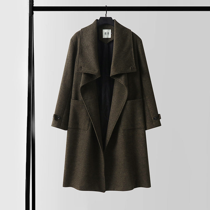 Damen Eleganter langer Wollmix-Cocoon-Mantel mit überlappendem Schalkragen und aufgesetzten Taschen Drune