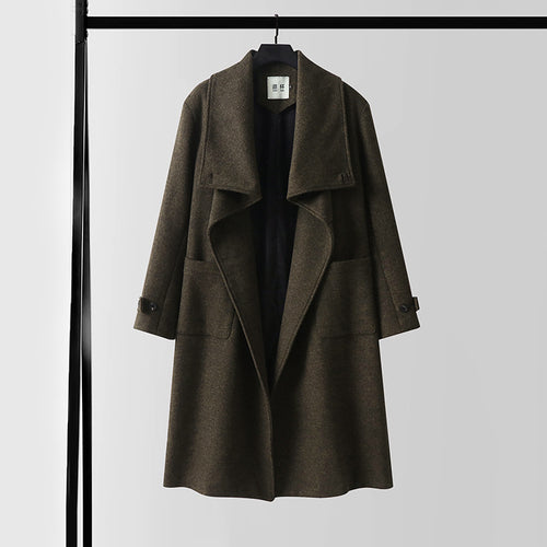 Damen Eleganter langer Wollmix-Cocoon-Mantel mit überlappendem Schalkragen und aufgesetzten Taschen Drune