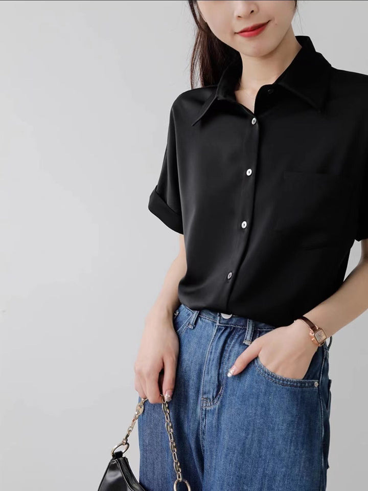Damen Satinbluse mit modernem Kragen und eleganten Rollärmeln Drune