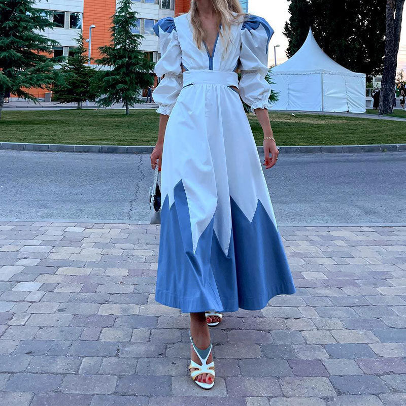 Damen Maxikleid mit ballettartigen Puffärmeln und V-Ausschnitt Drune