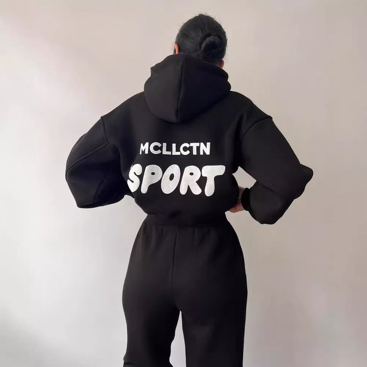 Damen Cropped Kapuzenpullover und High‑Waist Jogginghose Lounge‑Set aus Baumwollfleece Drune