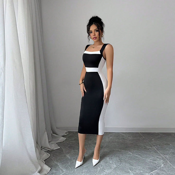 Damen figurbetontes Midi-Kleid mit elegantem Farbkontrast und schickem Ausschnitt Drune