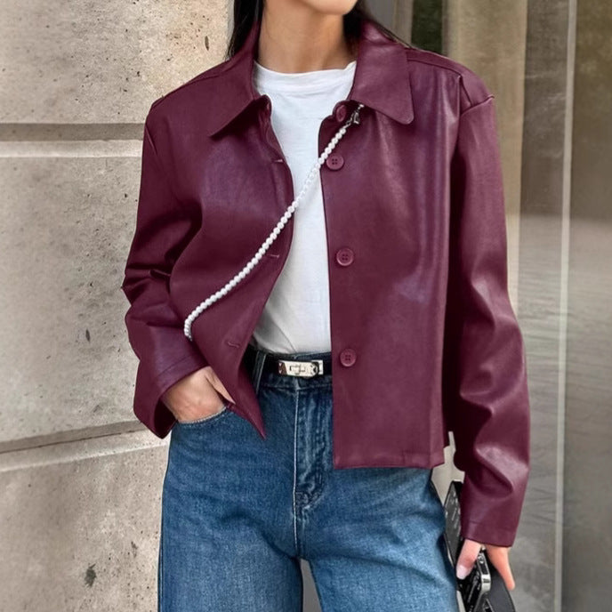 Damen Modische Kunstlederjacke mit klassischen Knopfdetails Drune