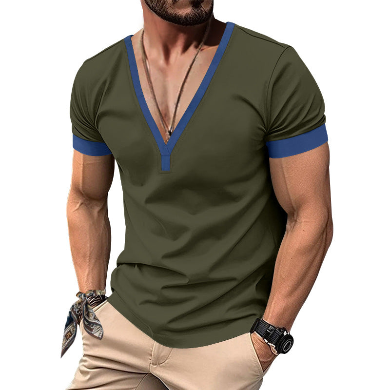 Herren V-Ausschnitt T-Shirt mit kontrastierenden Ärmeln und atmungsaktiver Baumwolle Drune