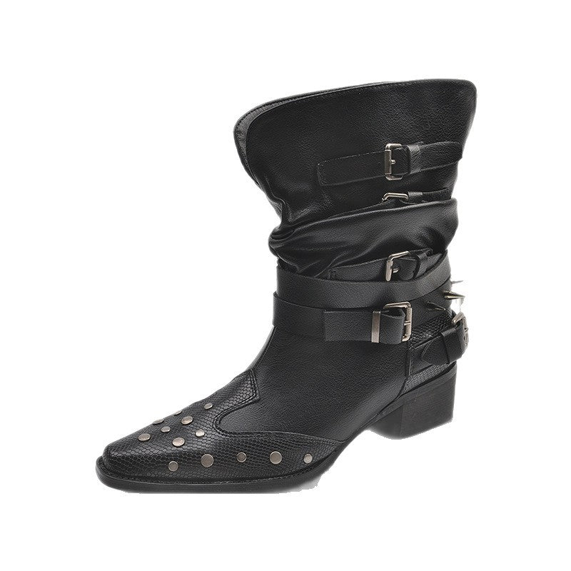 Damen Modische Stiefeletten mit Schnallen und Nieten Drune