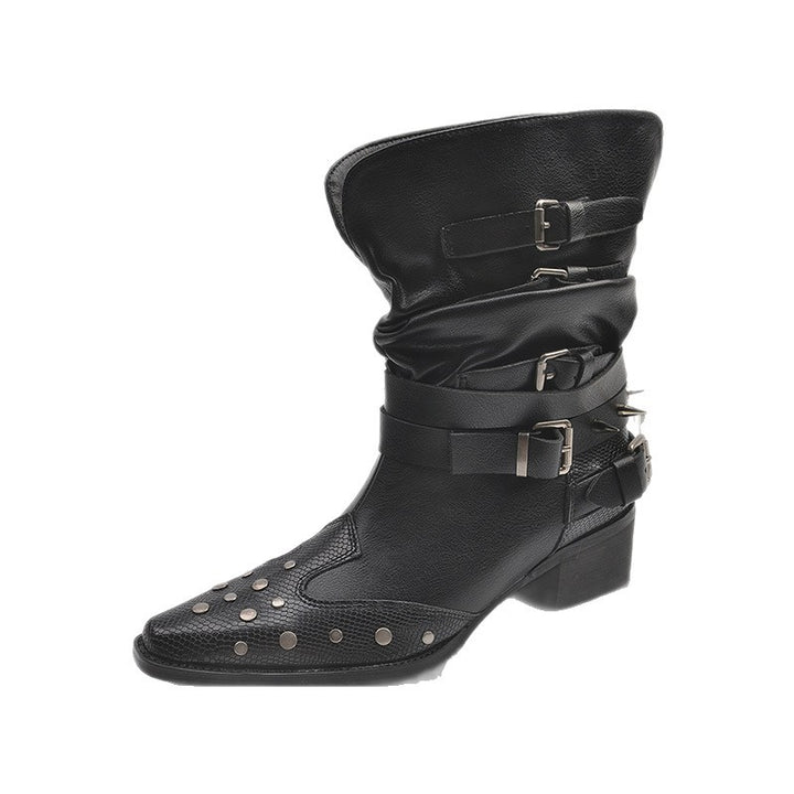 Damen Modische Stiefeletten mit Schnallen und Nieten Drune