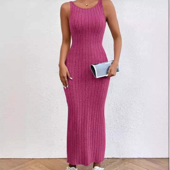 Damen figurbetontes Langarm-Maxikleid mit Rippenstruktur und Rundhalsausschnitt Drune