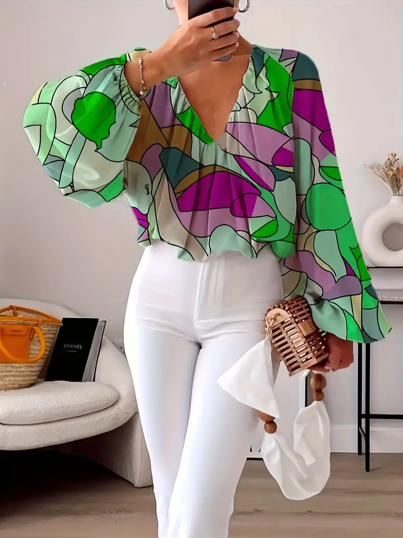 Damen Bluse mit V-Ausschnitt und modischem Grafikdesign Drune