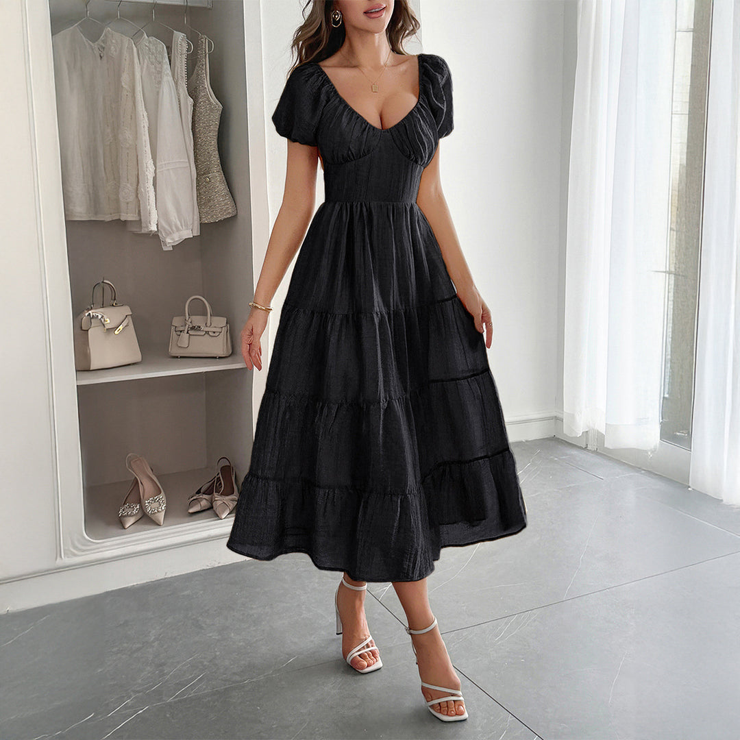 Damen Midi-Kleid mit voluminösen Puffärmeln und lässigem Schnitt Drune