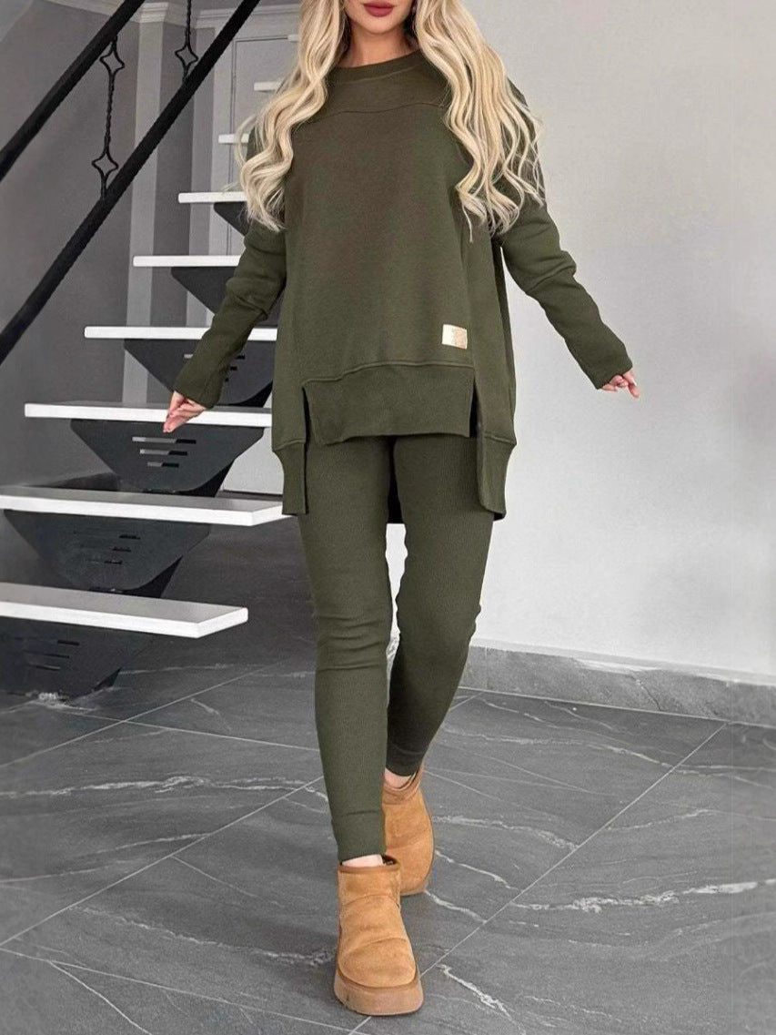 Damen Lässiges Langarm Sweatshirt-Set mit asymmetrischem Schnitt und praktischen Taschen Drune