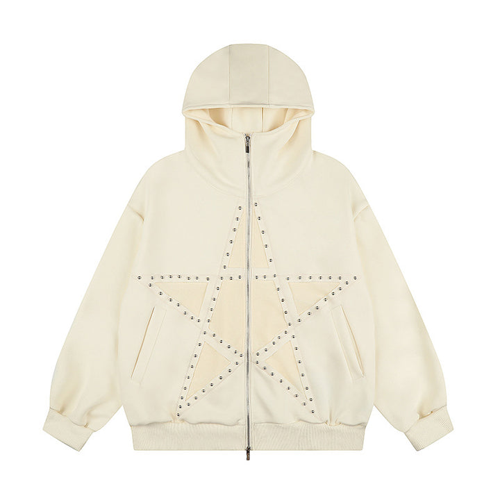 Damen Oversize Kapuzen-Zipjacke mit Nieten-Sternmotiv und hohem Kragen Drune
