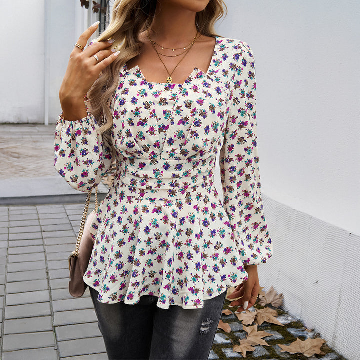 Damen nan taillierte Blumenbluse mit quadratischem Ausschnitt, Raffung und Schößchen-Silhouette Drune