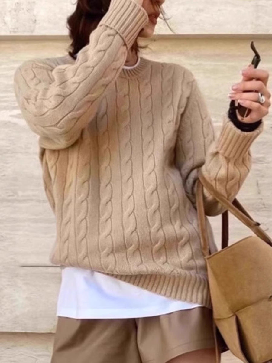 Damen Kastiger Kabelstrick‑Pullover mit Rundhals, extraweichem Wollmix und gerippten Bündchen Drune