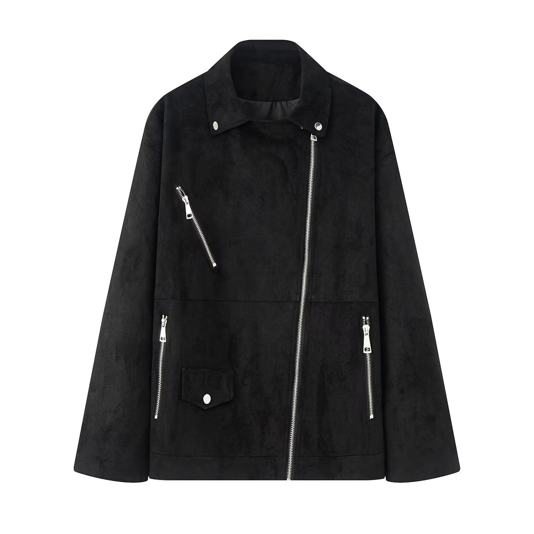 Damen nan lange Oversize-Bikerjacke in Veloursoptik mit diagonalem Reißverschluss und Mehrfachtaschen Drune
