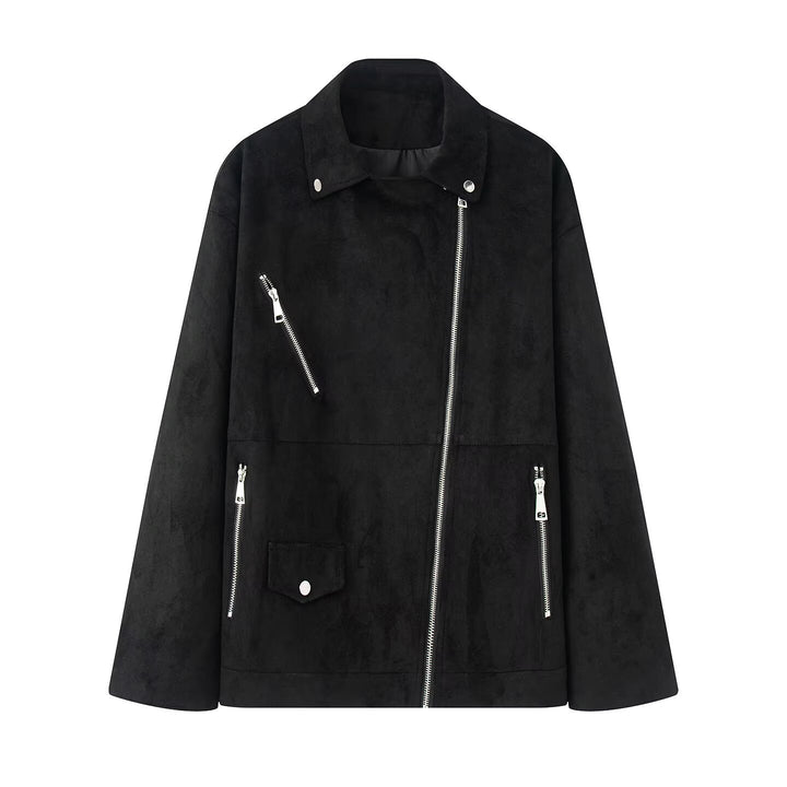 Damen nan lange Oversize-Bikerjacke in Veloursoptik mit diagonalem Reißverschluss und Mehrfachtaschen Drune