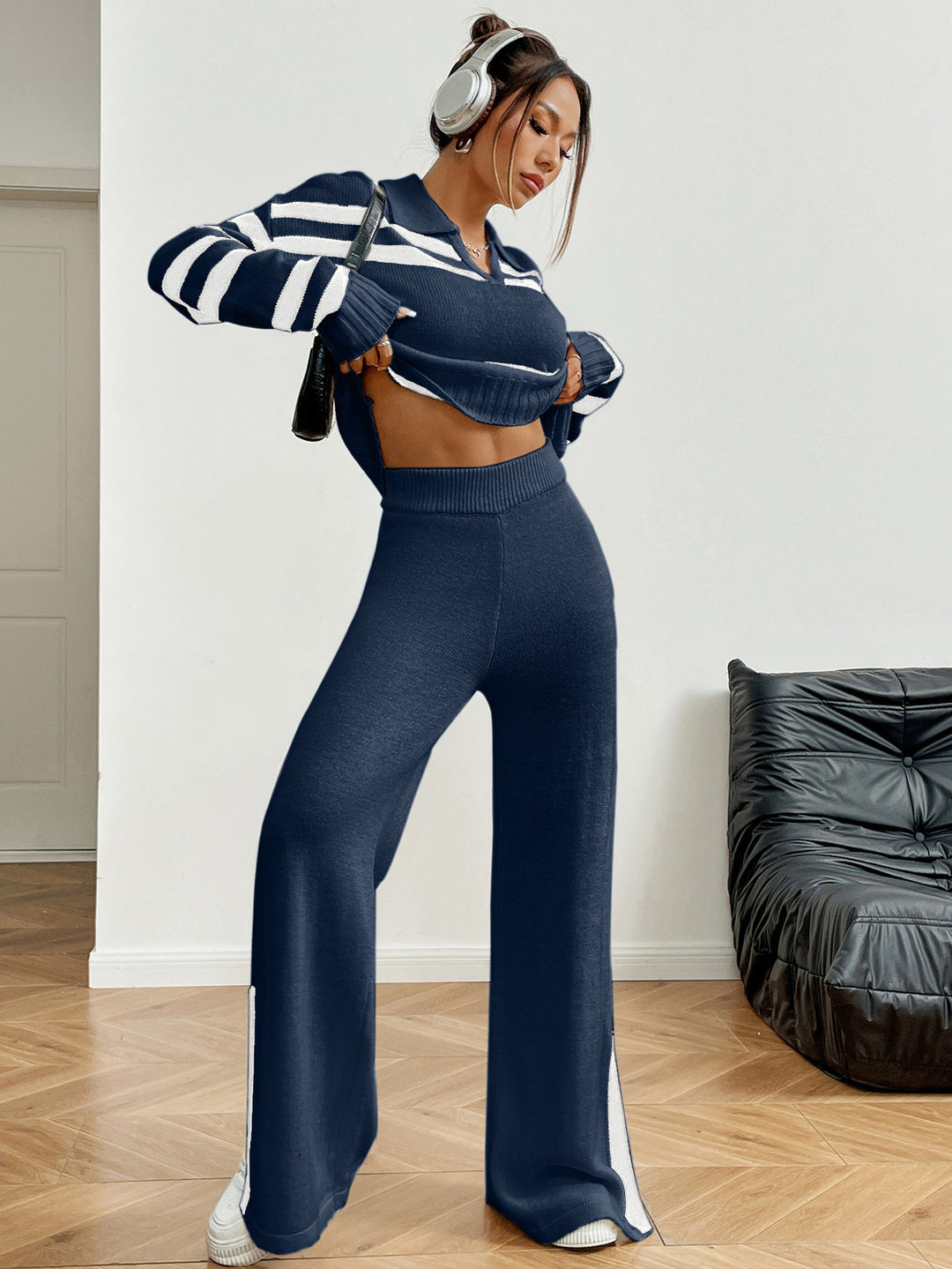 Damen Lässiges Strick-Outfit mit Polo-Kragen und gestreiftem Design Drune