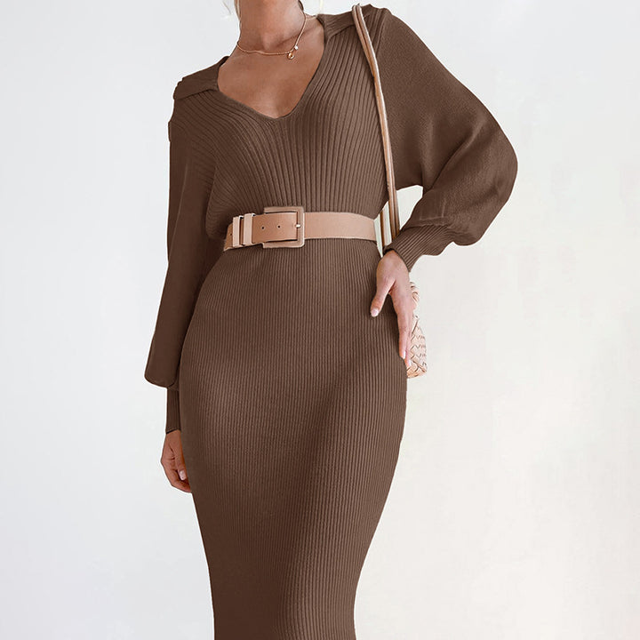 Damen Elegantes Strickkleid mit V-Ausschnitt und Taillengürtel Drune
