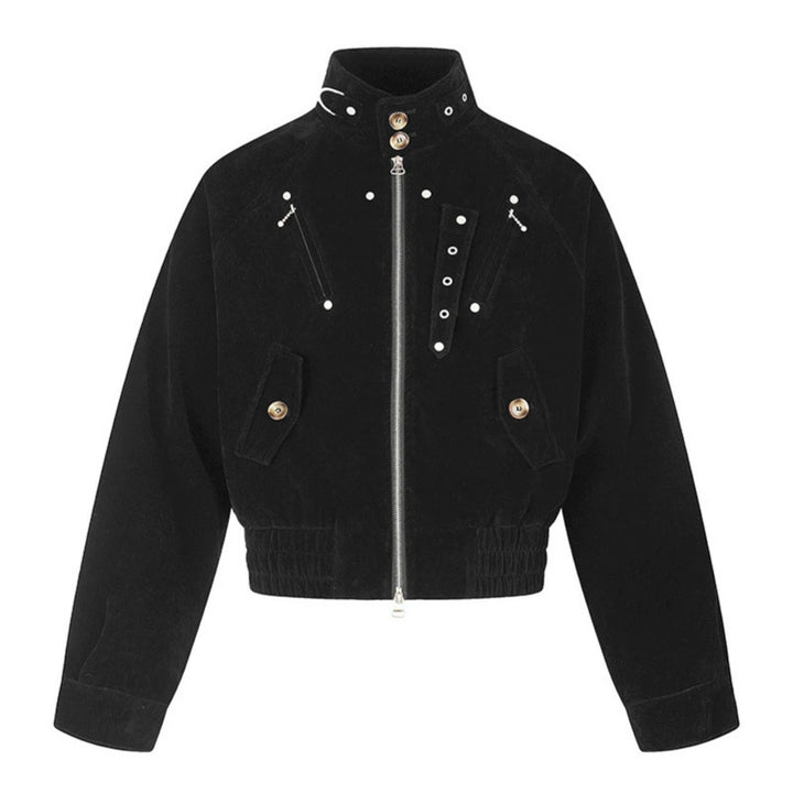 Damen kurze Wildleder‑Bomberjacke mit hohem Stehkragen und metallischen Details Drune