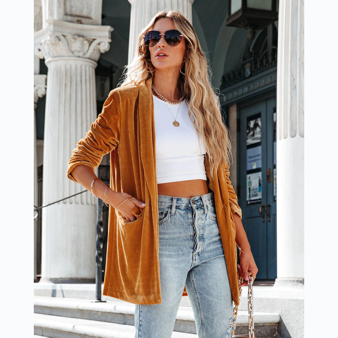 Damen Eleganter Velourscardigan mit lässigem Schnitt und praktischen Taschen Drune