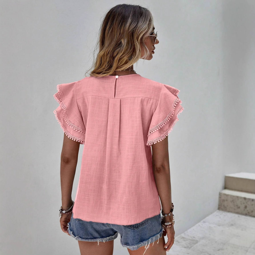 Damen Bluse mit Volantärmeln und Pompon-Spitzenbesatz Drune