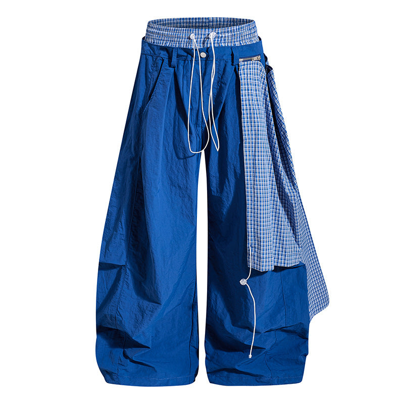 Damen weite Baggy-Hose mit asymmetrischem Karo-Seitenteil und Tunnelzug Drune