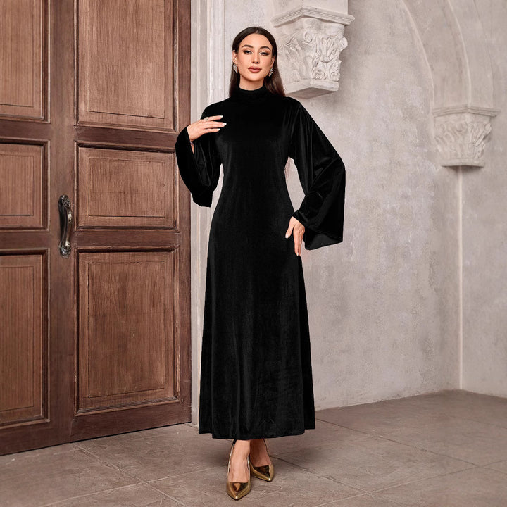 Damen Maxikleid aus Samt mit Stehkragen und Glockenärmeln Drune