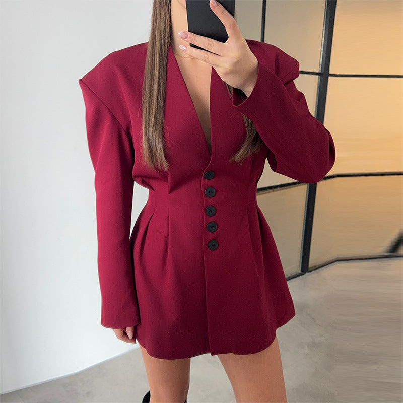 Damen trendiges Blazer-Kleid mit strukturierten Schultern und tiefem V-Ausschnitt Drune
