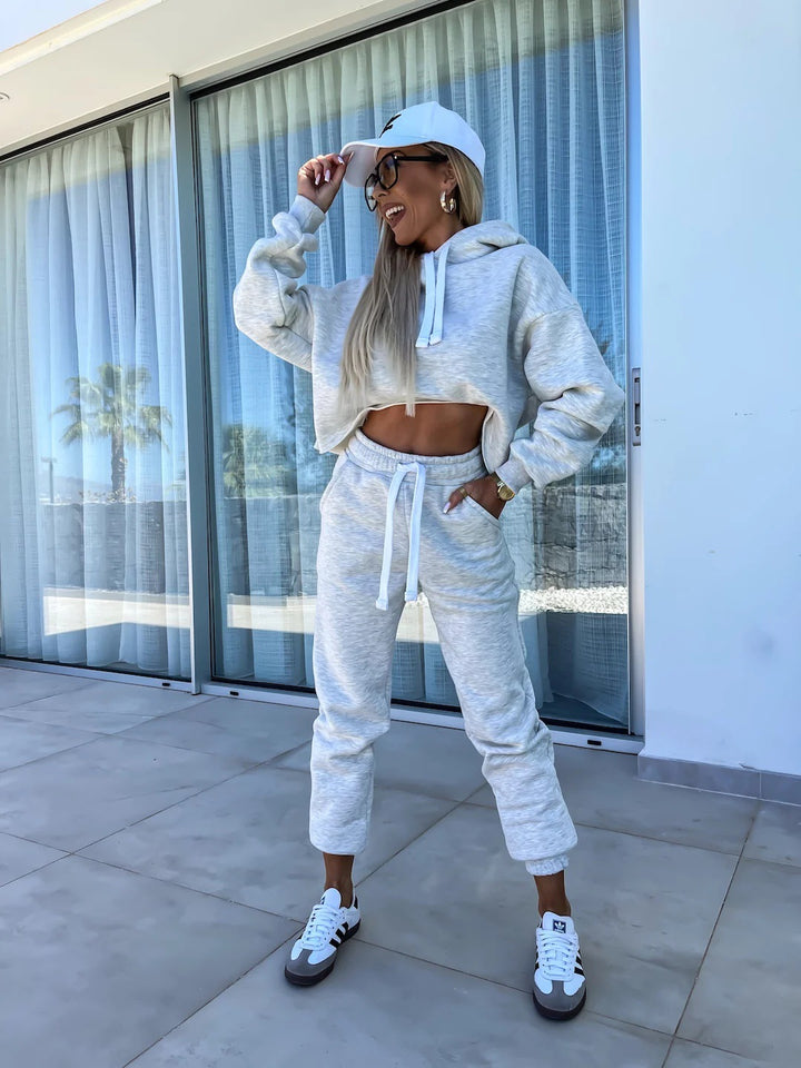 Damen Lässiges und trendiges Jogging-Set mit cropped Hoodie und bequemen Hosen Drune