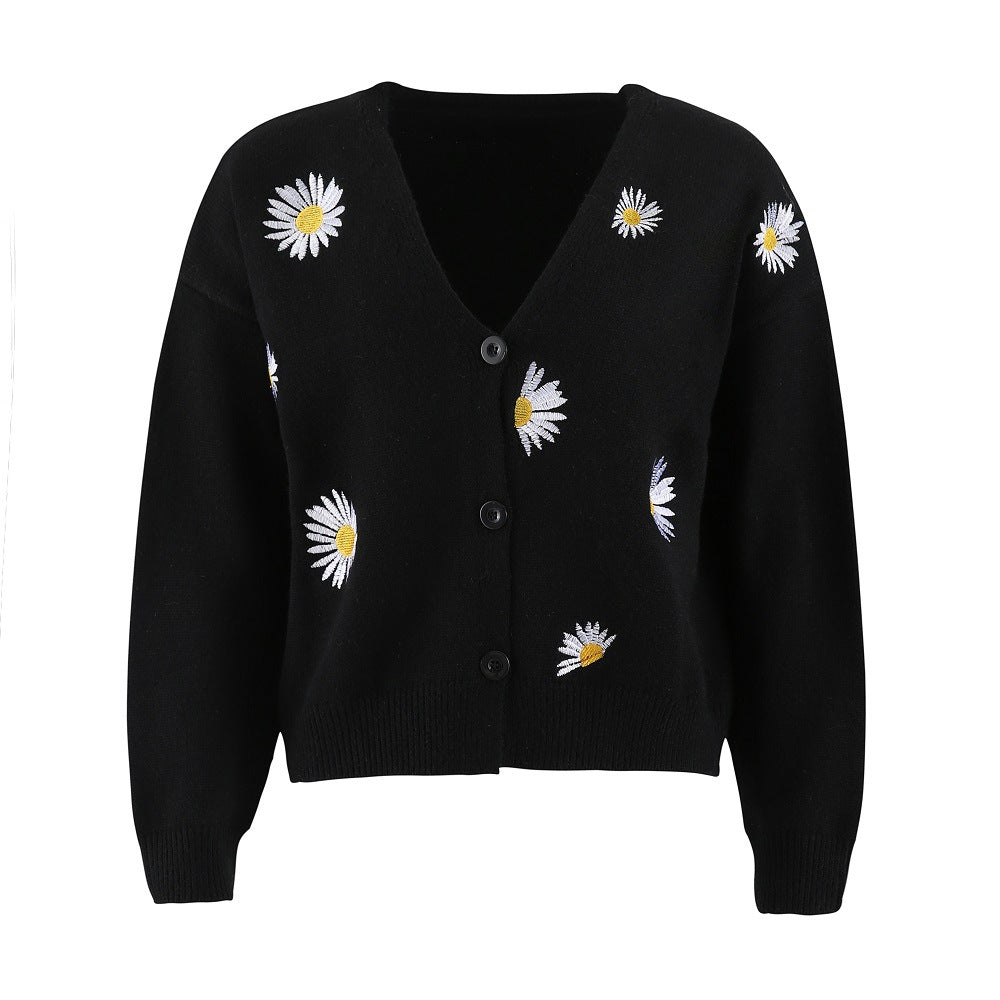 Damen Kurzgeschnittener V-Ausschnitt-Strickcardigan mit gestickten Gänseblümchen und Rippbündchen Drune