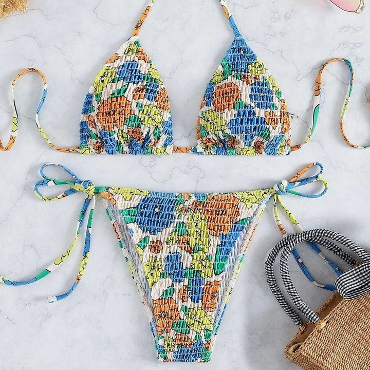 Damen Triangel-Bikini mit farbenfrohem Strukturdesign und verstellbaren Trägern Drune