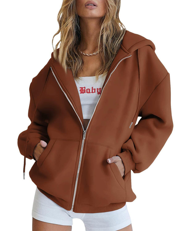 Damen nan Oversize-Zip-Hoodie mit Kapuze Kängurutaschen und weichem French-Terry Drune