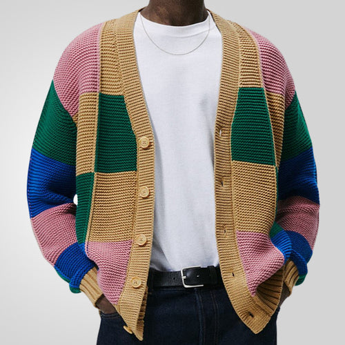 Herren Strickjacke mit buntem Blockmuster und bequemen Knöpfen Drune