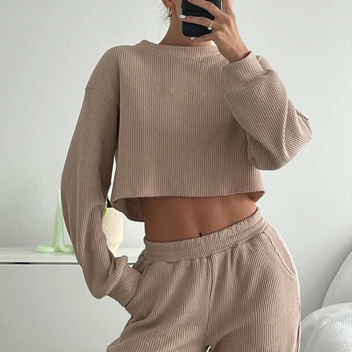 Damen geripptes Cropped-Lounge-Set mit Ballonärmeln und High-Waist Palazzo-Hose Drune