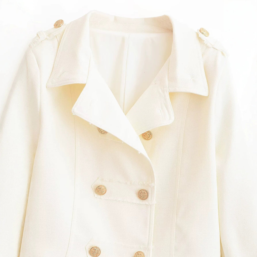 Damen Kurzjacke im Military‑Stil, Doppelreiher mit Epauletten und Goldknöpfen Drune