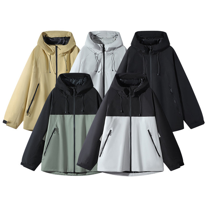 Unisex Wasserabweisende zweifarbige Softshell-Jacke mit Kapuze Drune