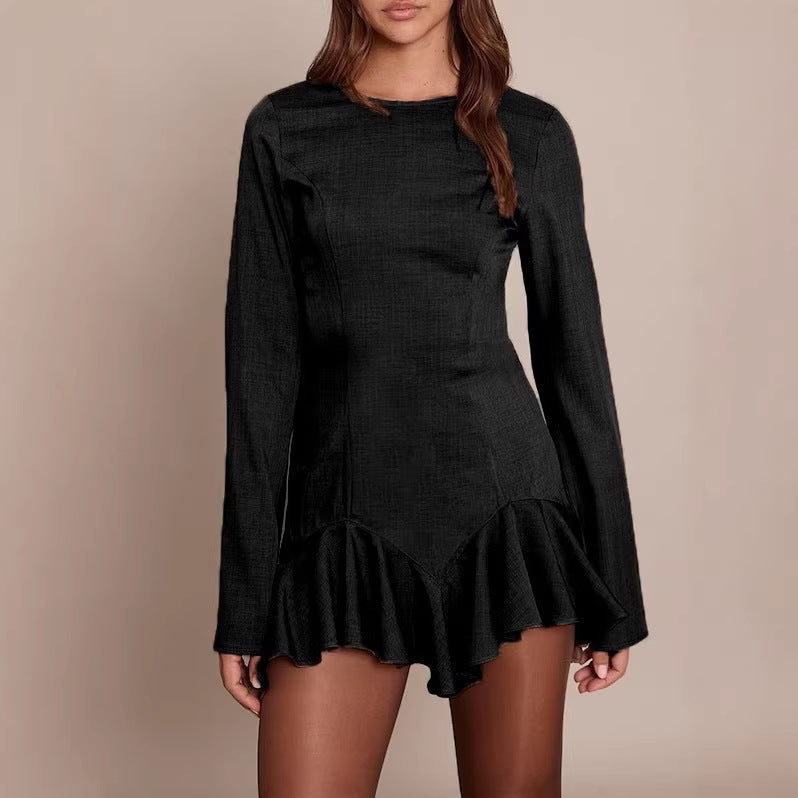 Damen Figurbetontes Langarm-Minikleid mit taillierten Nähten und Volant-Saum Drune