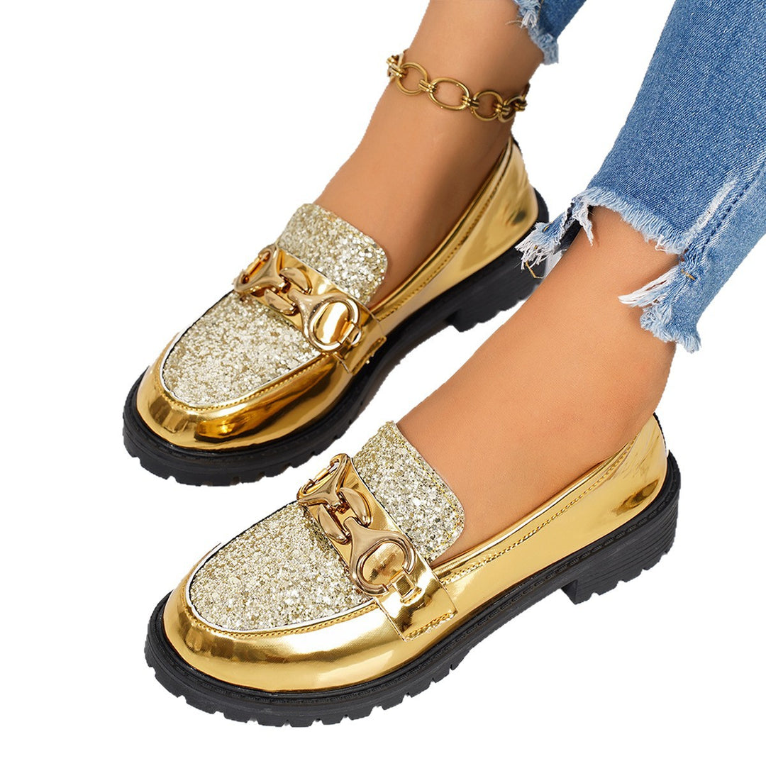 Damen Lackloafer mit glitzernder Vorderkappe, Schlupfdesign und profilierter Plateausohle Drune
