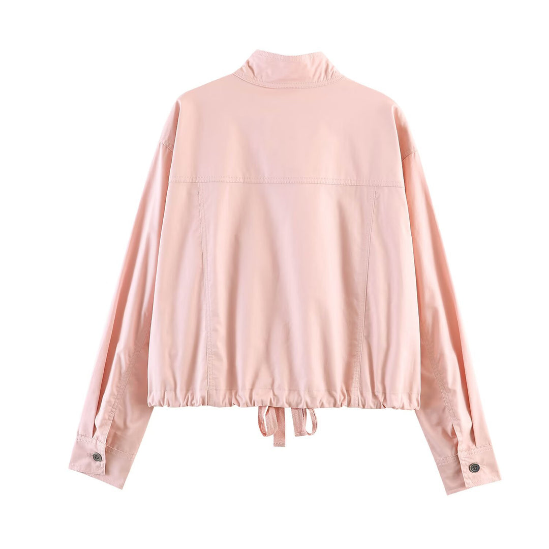 Damen Kurzjacke im Safari‑Stil mit Stehkragen, Kängurutaschen und Kordelzug Drune