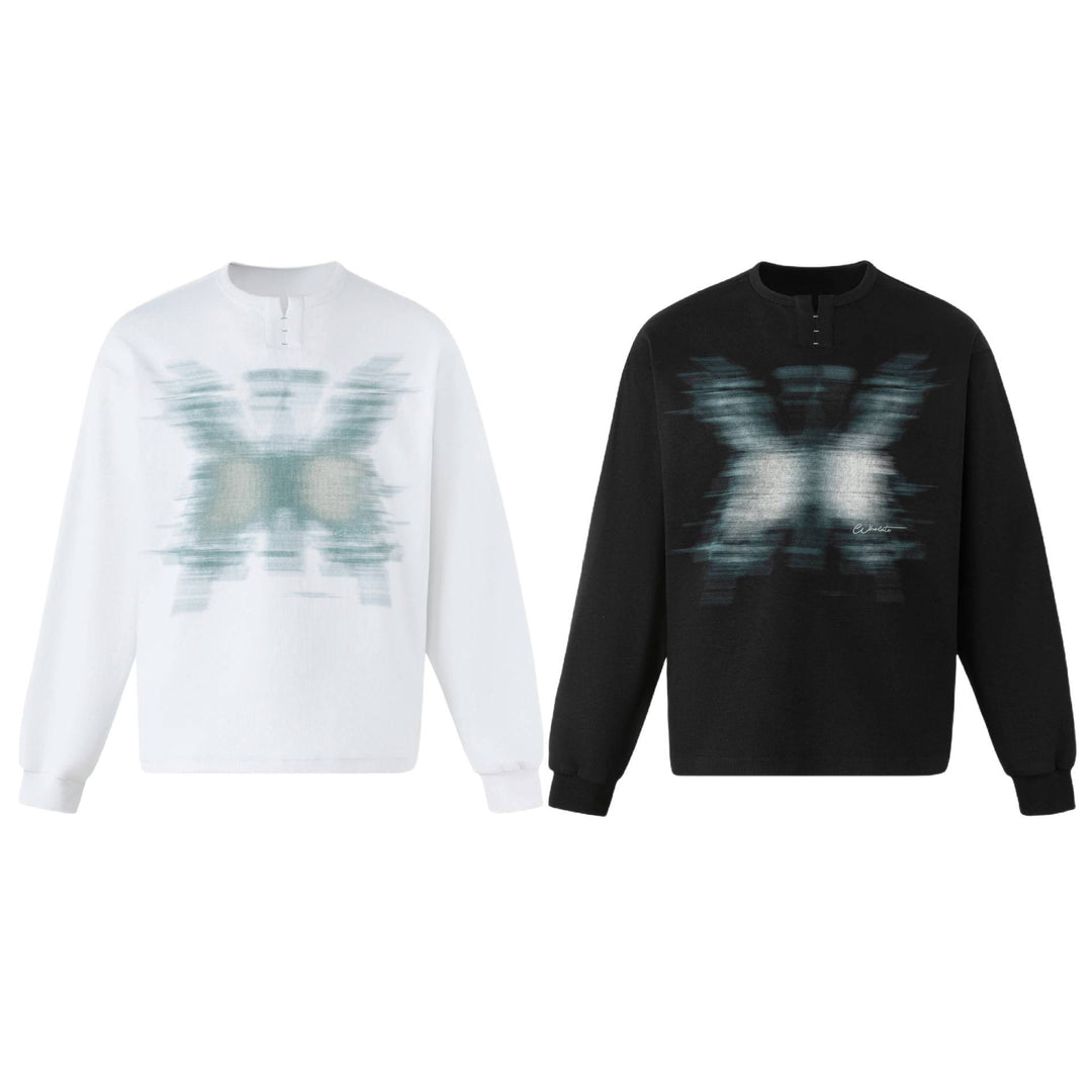 Unisex Oversize Sweatshirt mit kurzem Henley‑Placket und verschwommenem Grafikprint Drune