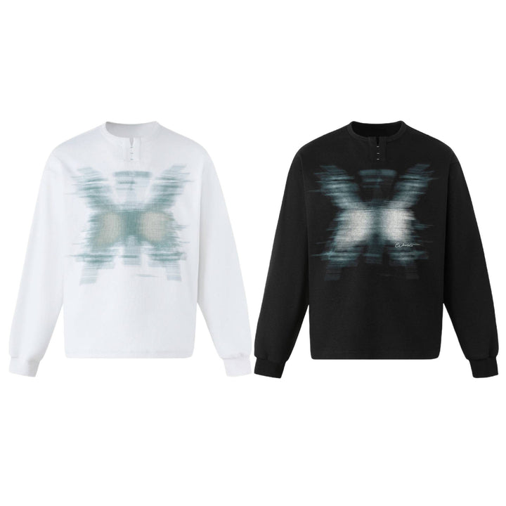 Unisex Oversize Sweatshirt mit kurzem Henley‑Placket und verschwommenem Grafikprint Drune