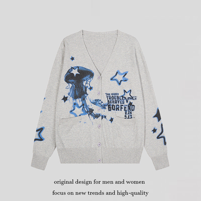 Damen Geknöpfte V‑Neck Strickjacke mit Allover-Print, Eingrifftaschen und geripptem Saum Drune
