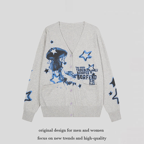 Damen Geknöpfte V‑Neck Strickjacke mit Allover-Print, Eingrifftaschen und geripptem Saum Drune
